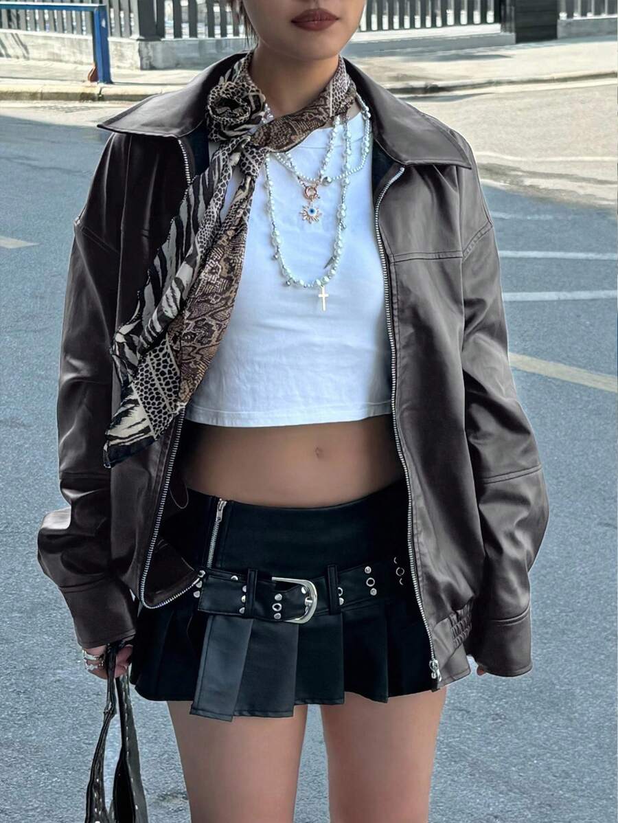 INAWLY Women's Loose Fit Long Sleeve Leather Jacket, Motorcycle Casual Style, Autumn/Winter Fall Cloth For Women