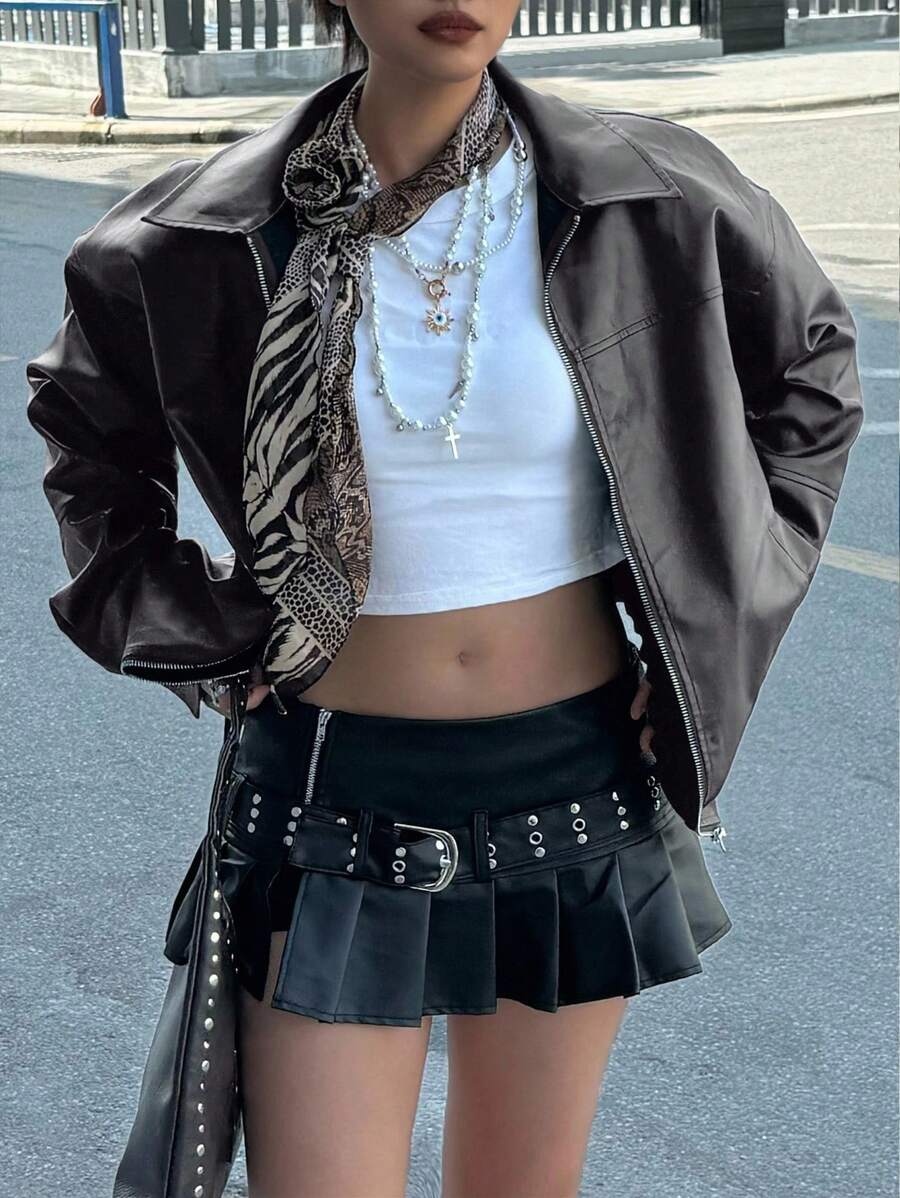 INAWLY Women's Loose Fit Long Sleeve Leather Jacket, Motorcycle Casual Style, Autumn/Winter Fall Cloth For Women
