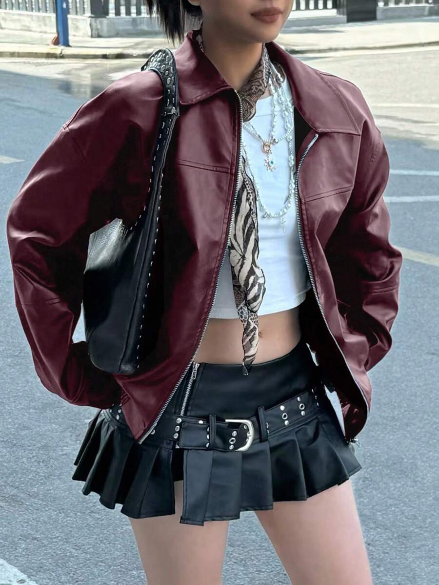 INAWLY Women's Loose Fit Long Sleeve Leather Jacket, Motorcycle Casual Style, Autumn/Winter Fall Cloth For Women