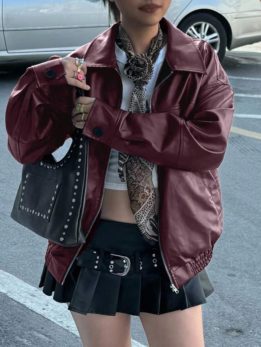 INAWLY Women's Loose Fit Long Sleeve Leather Jacket, Motorcycle Casual Style, Autumn/Winter Fall Cloth For Women