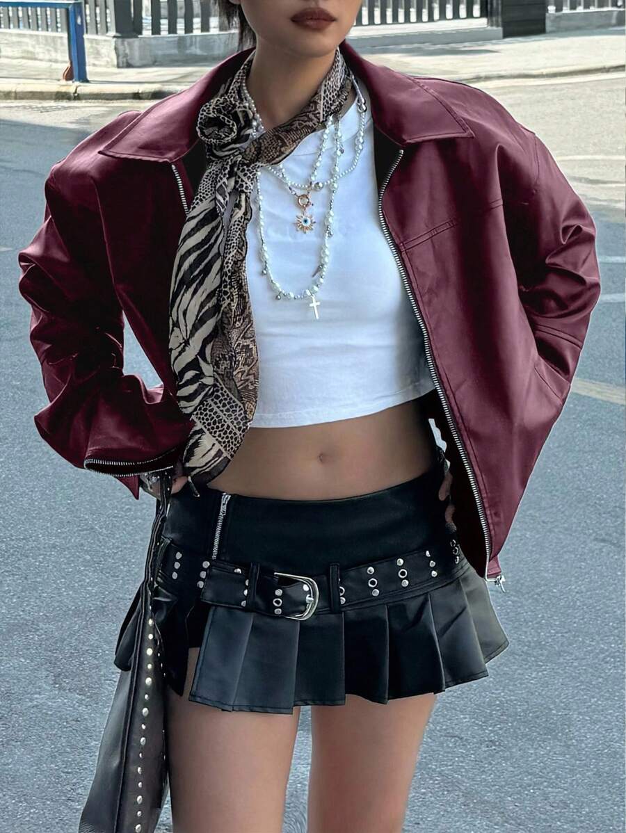 INAWLY Women's Loose Fit Long Sleeve Leather Jacket, Motorcycle Casual Style, Autumn/Winter Fall Cloth For Women