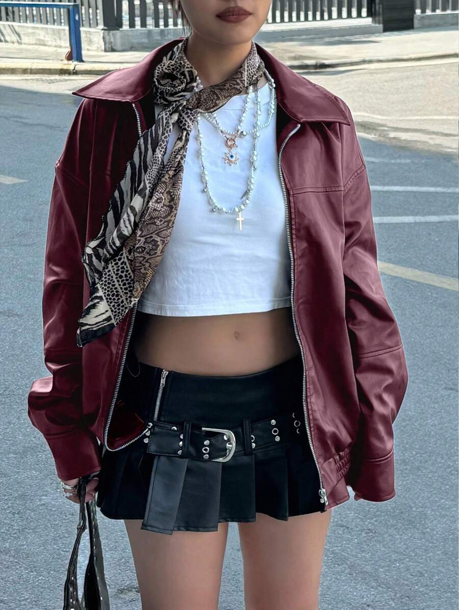 INAWLY Women's Loose Fit Long Sleeve Leather Jacket, Motorcycle Casual Style, Autumn/Winter Fall Cloth For Women