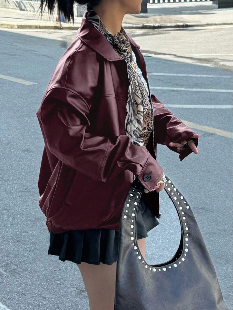 INAWLY Women's Loose Fit Long Sleeve Leather Jacket, Motorcycle Casual Style, Autumn/Winter Fall Cloth For Women