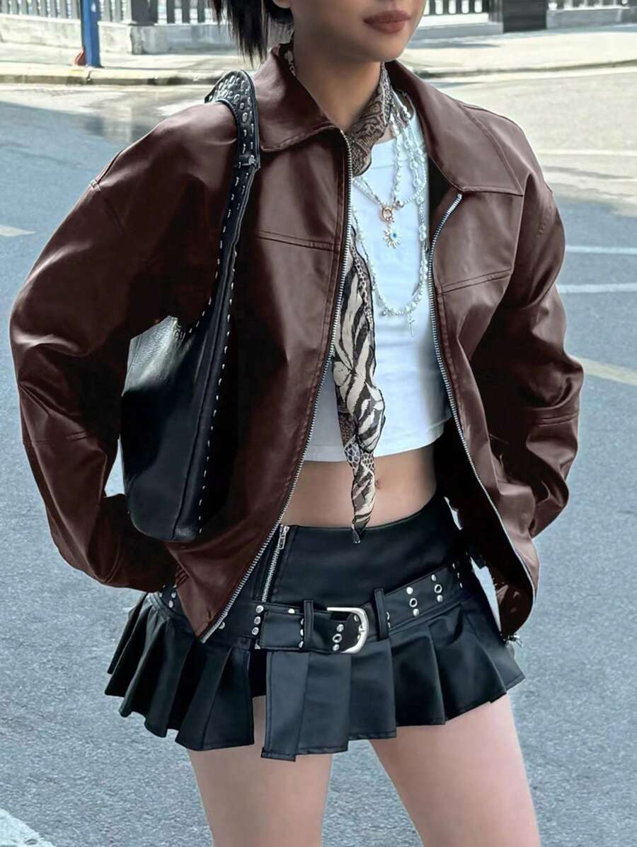 INAWLY Women's Loose Fit Long Sleeve Leather Jacket, Motorcycle Casual Style, Autumn/Winter Fall Cloth For Women