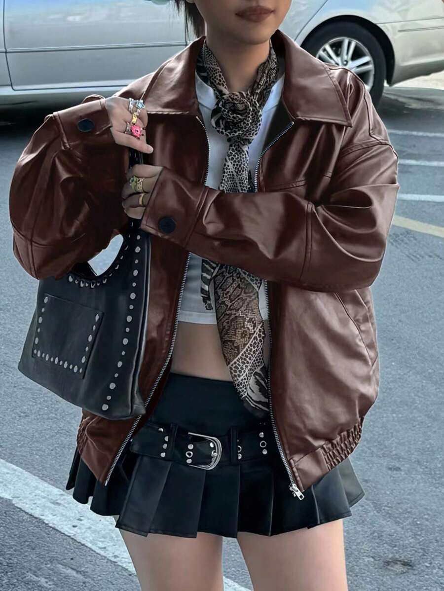 INAWLY Women's Loose Fit Long Sleeve Leather Jacket, Motorcycle Casual Style, Autumn/Winter Fall Cloth For Women