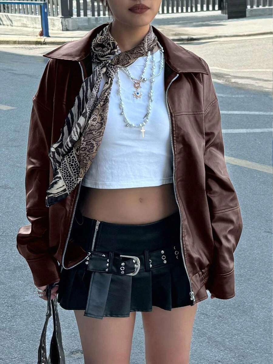 INAWLY Women's Loose Fit Long Sleeve Leather Jacket, Motorcycle Casual Style, Autumn/Winter Fall Cloth For Women