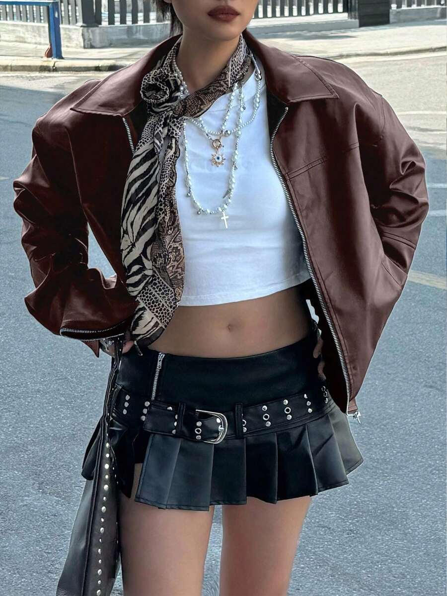 INAWLY Women's Loose Fit Long Sleeve Leather Jacket, Motorcycle Casual Style, Autumn/Winter Fall Cloth For Women