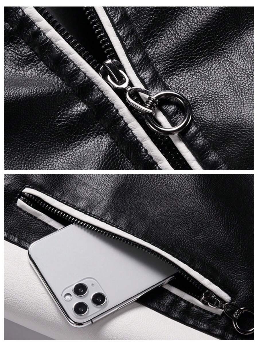 Men's Zipper Closure Long Sleeve Fitted Casual PU Leather Biker Jacket