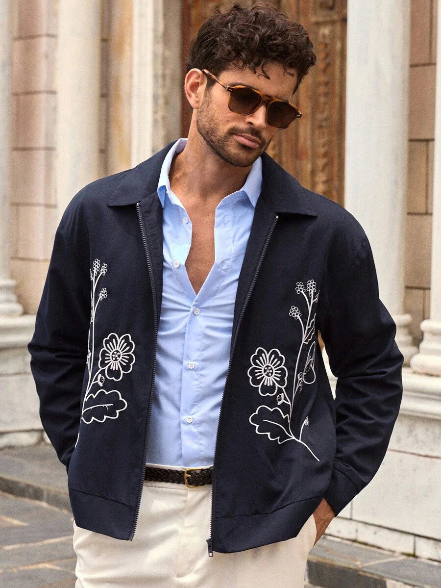 HIMLAND Men's Casual Floral Embroidered Jacket, Suitable For Everyday Wear, Fall, Winter