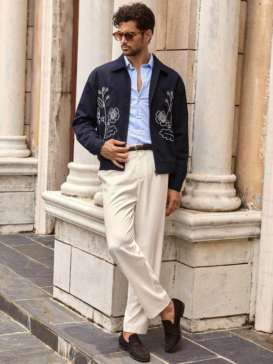 HIMLAND Men's Casual Floral Embroidered Jacket, Suitable For Everyday Wear, Fall, Winter