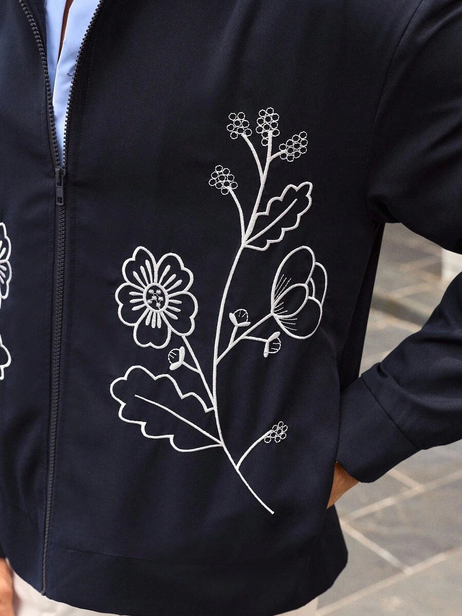 HIMLAND Men's Casual Floral Embroidered Jacket, Suitable For Everyday Wear, Fall, Winter