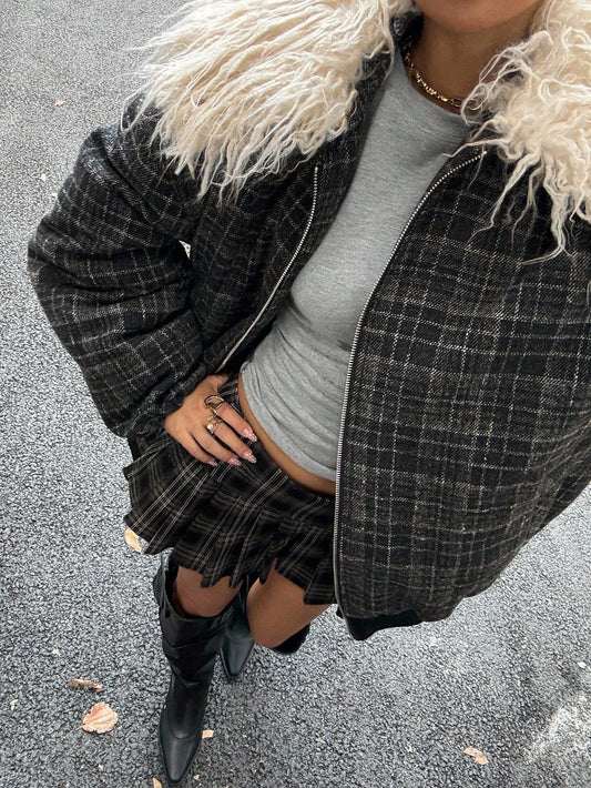 DAZY Plaid Patchwork Fur Collar Loose Long Sleeve Zipper Pocket Casual Street Thick Jacket, Women Padded Coat For Autumn/Winter