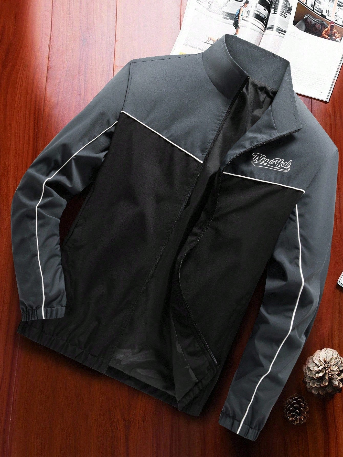 Manfinity Homme Mature Streetwear Colorblock Men's Jacket, Stand Collar Zipper Front Print Coat, Men Zip Up Jacket, Mens Spring Casual Lightweight Jacket, Sports Jacket