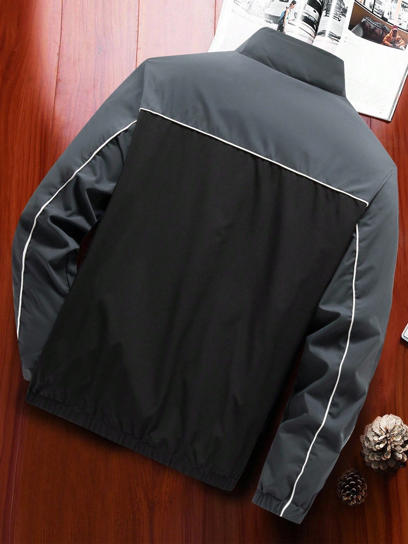 Manfinity Homme Mature Streetwear Colorblock Men's Jacket, Stand Collar Zipper Front Print Coat, Men Zip Up Jacket, Mens Spring Casual Lightweight Jacket, Sports Jacket