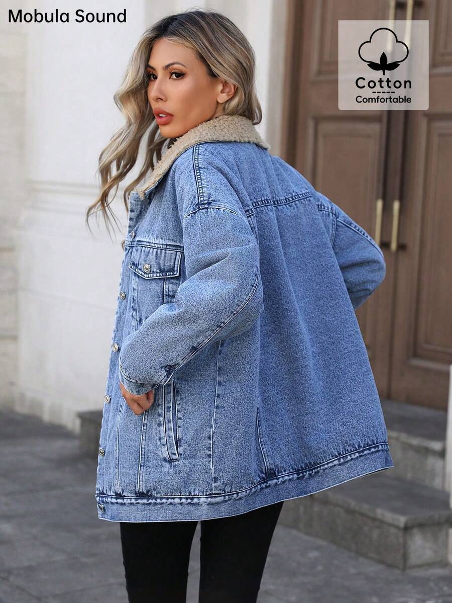 Mobula Sound Middle Eastern Versatile Casual Sports Fashion Women Spring Autumn Winter Warm Fleece Windproof Lady Blue Y2K Student College Young Style Denim Jacket