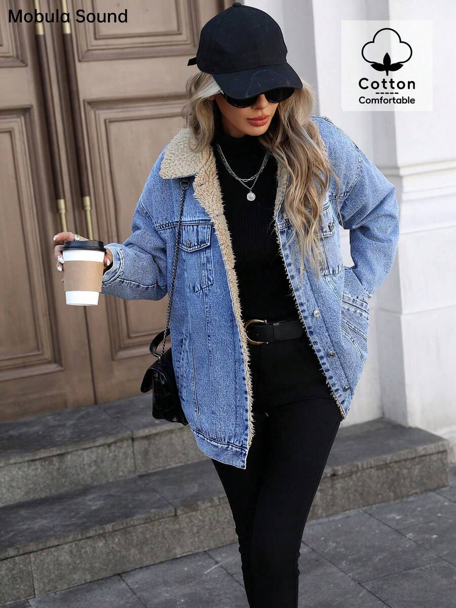 Mobula Sound Middle Eastern Versatile Casual Sports Fashion Women Spring Autumn Winter Warm Fleece Windproof Lady Blue Y2K Student College Young Style Denim Jacket