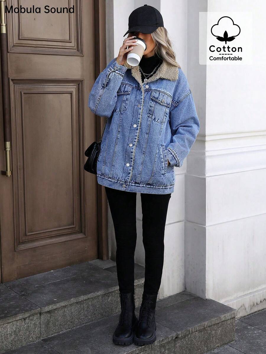 Mobula Sound Middle Eastern Versatile Casual Sports Fashion Women Spring Autumn Winter Warm Fleece Windproof Lady Blue Y2K Student College Young Style Denim Jacket