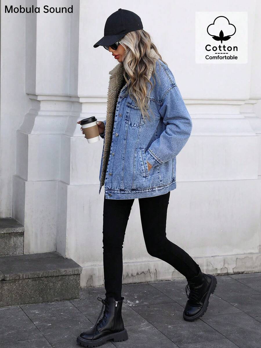 Mobula Sound Middle Eastern Versatile Casual Sports Fashion Women Spring Autumn Winter Warm Fleece Windproof Lady Blue Y2K Student College Young Style Denim Jacket