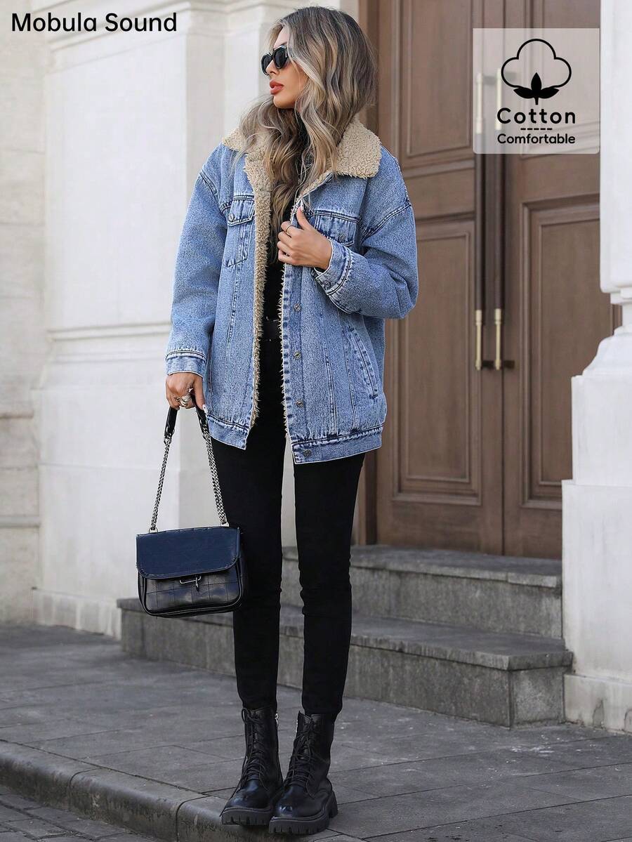 Mobula Sound Middle Eastern Versatile Casual Sports Fashion Women Spring Autumn Winter Warm Fleece Windproof Lady Blue Y2K Student College Young Style Denim Jacket