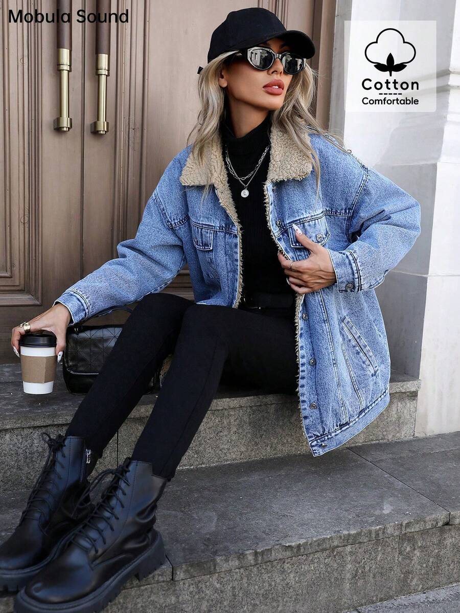 Mobula Sound Middle Eastern Versatile Casual Sports Fashion Women Spring Autumn Winter Warm Fleece Windproof Lady Blue Y2K Student College Young Style Denim Jacket