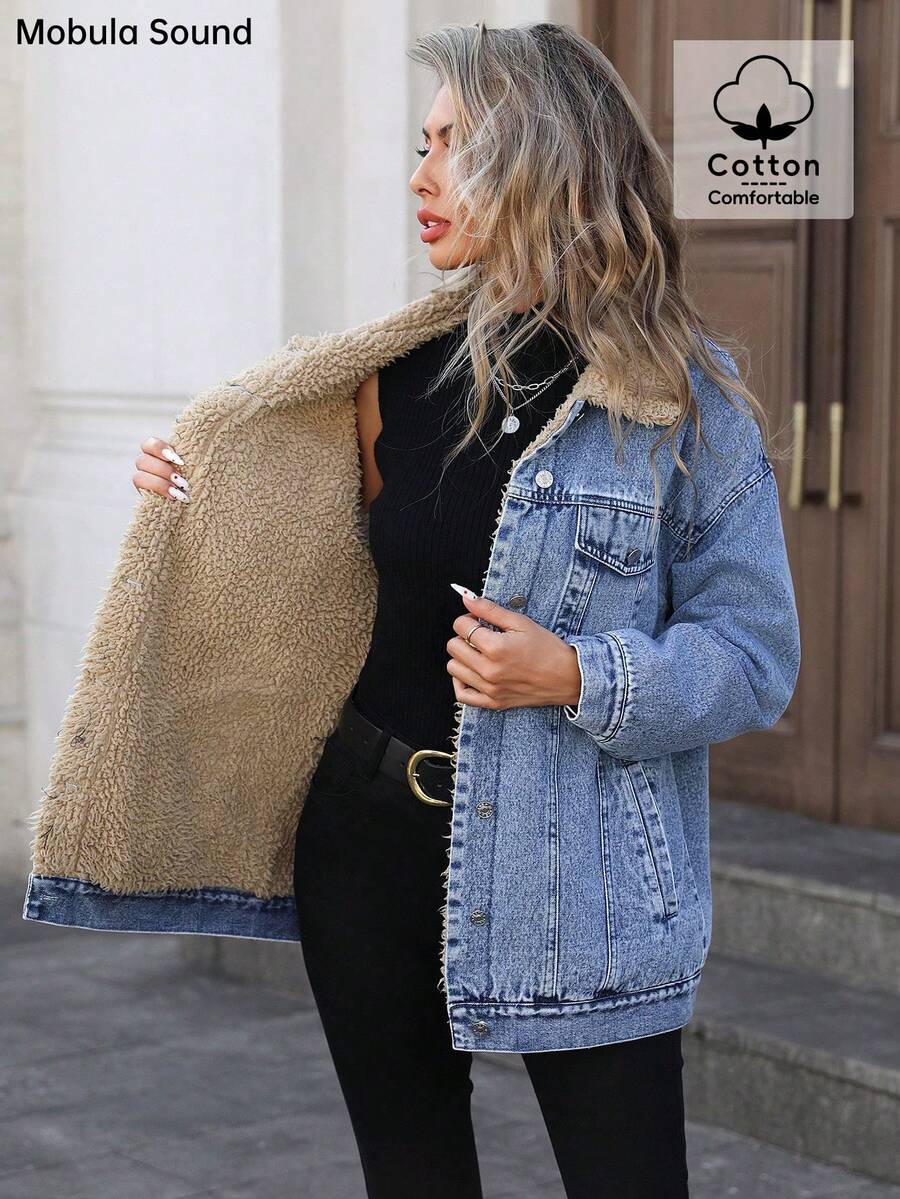 Mobula Sound Middle Eastern Versatile Casual Sports Fashion Women Spring Autumn Winter Warm Fleece Windproof Lady Blue Y2K Student College Young Style Denim Jacket