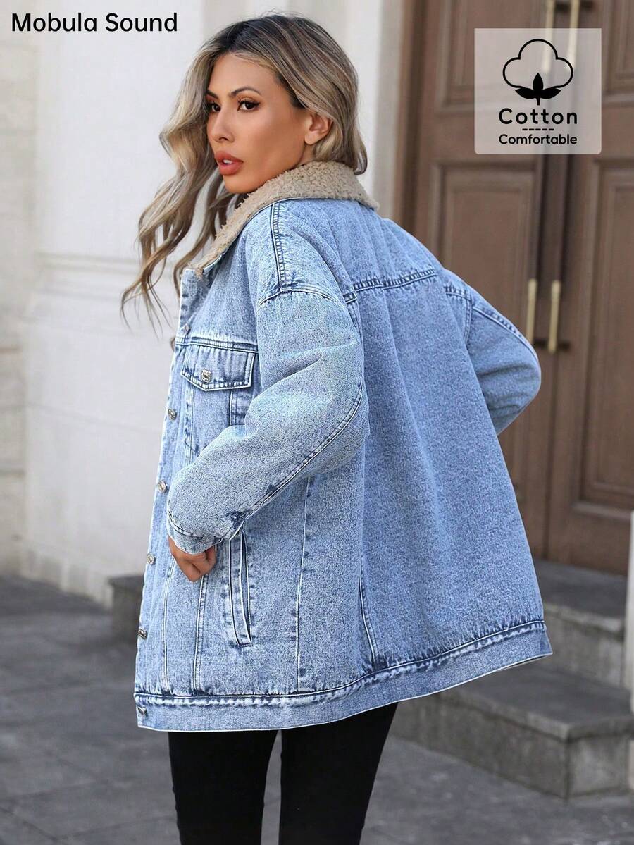 Mobula Sound Middle Eastern Versatile Casual Sports Fashion Women Spring Autumn Winter Warm Fleece Windproof Lady Blue Y2K Student College Young Style Denim Jacket
