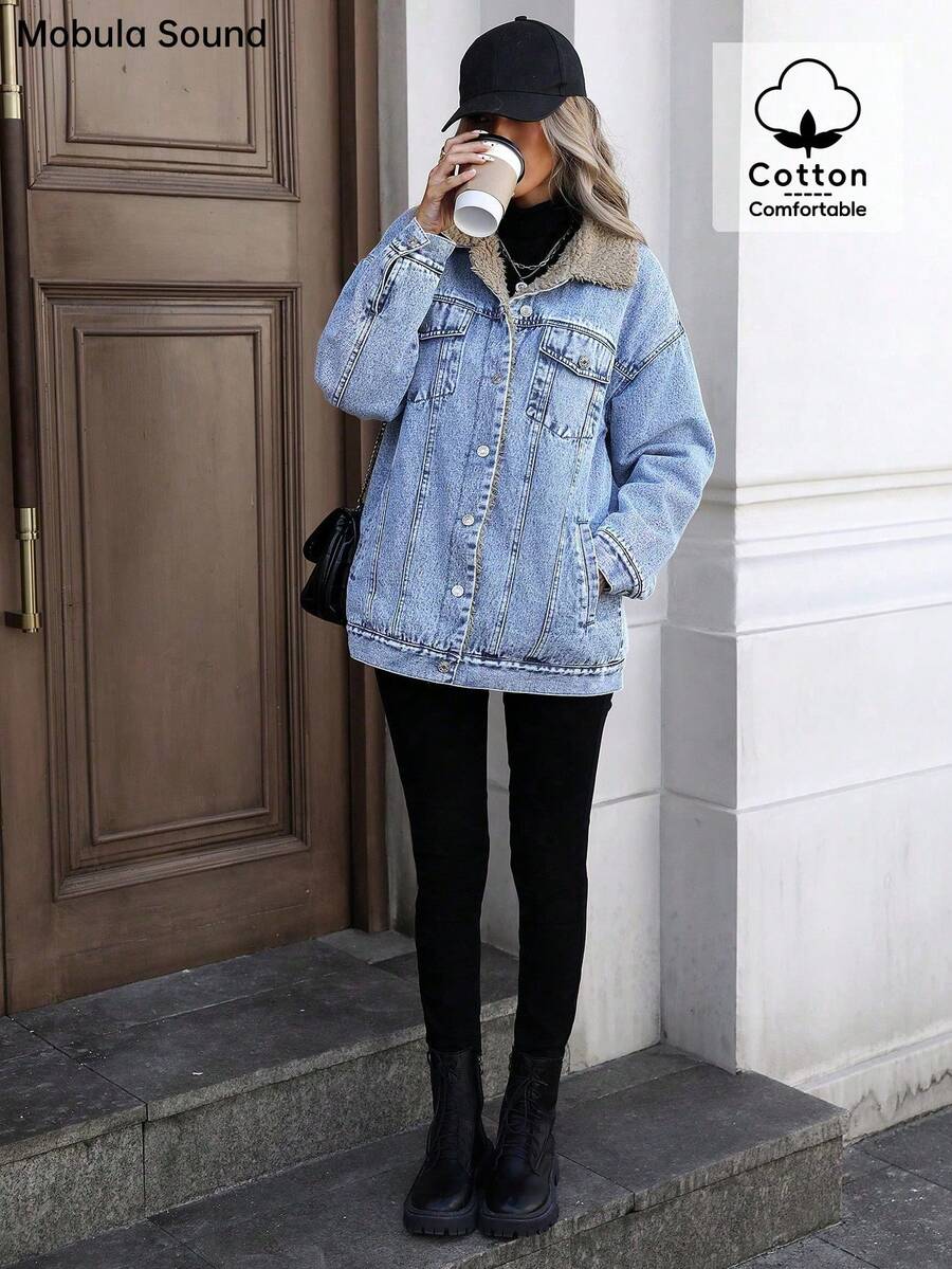 Mobula Sound Middle Eastern Versatile Casual Sports Fashion Women Spring Autumn Winter Warm Fleece Windproof Lady Blue Y2K Student College Young Style Denim Jacket