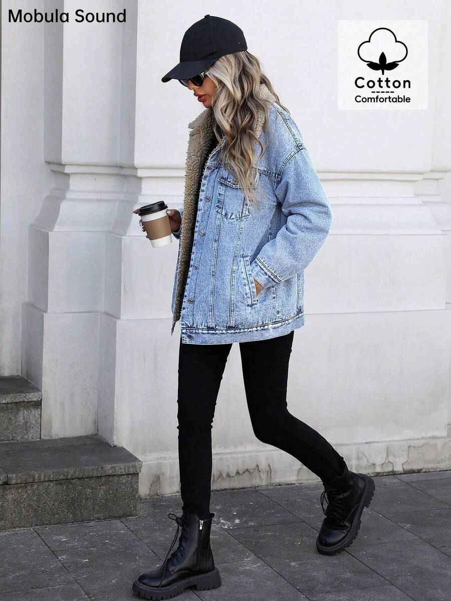 Mobula Sound Middle Eastern Versatile Casual Sports Fashion Women Spring Autumn Winter Warm Fleece Windproof Lady Blue Y2K Student College Young Style Denim Jacket