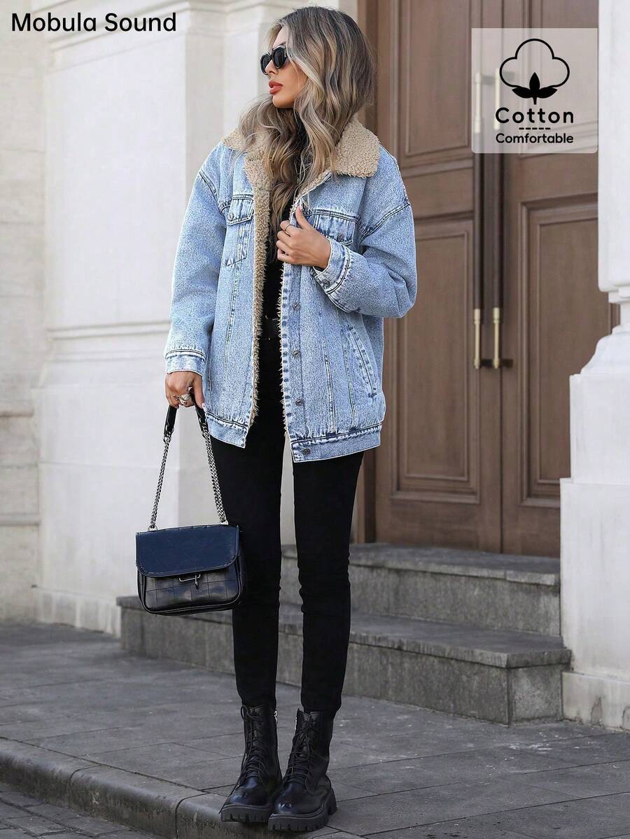 Mobula Sound Middle Eastern Versatile Casual Sports Fashion Women Spring Autumn Winter Warm Fleece Windproof Lady Blue Y2K Student College Young Style Denim Jacket