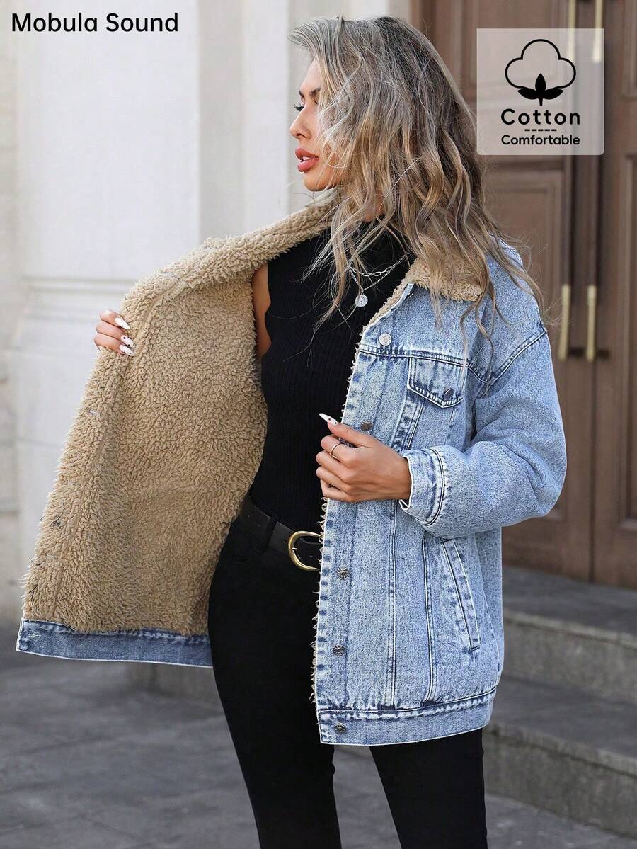 Mobula Sound Middle Eastern Versatile Casual Sports Fashion Women Spring Autumn Winter Warm Fleece Windproof Lady Blue Y2K Student College Young Style Denim Jacket