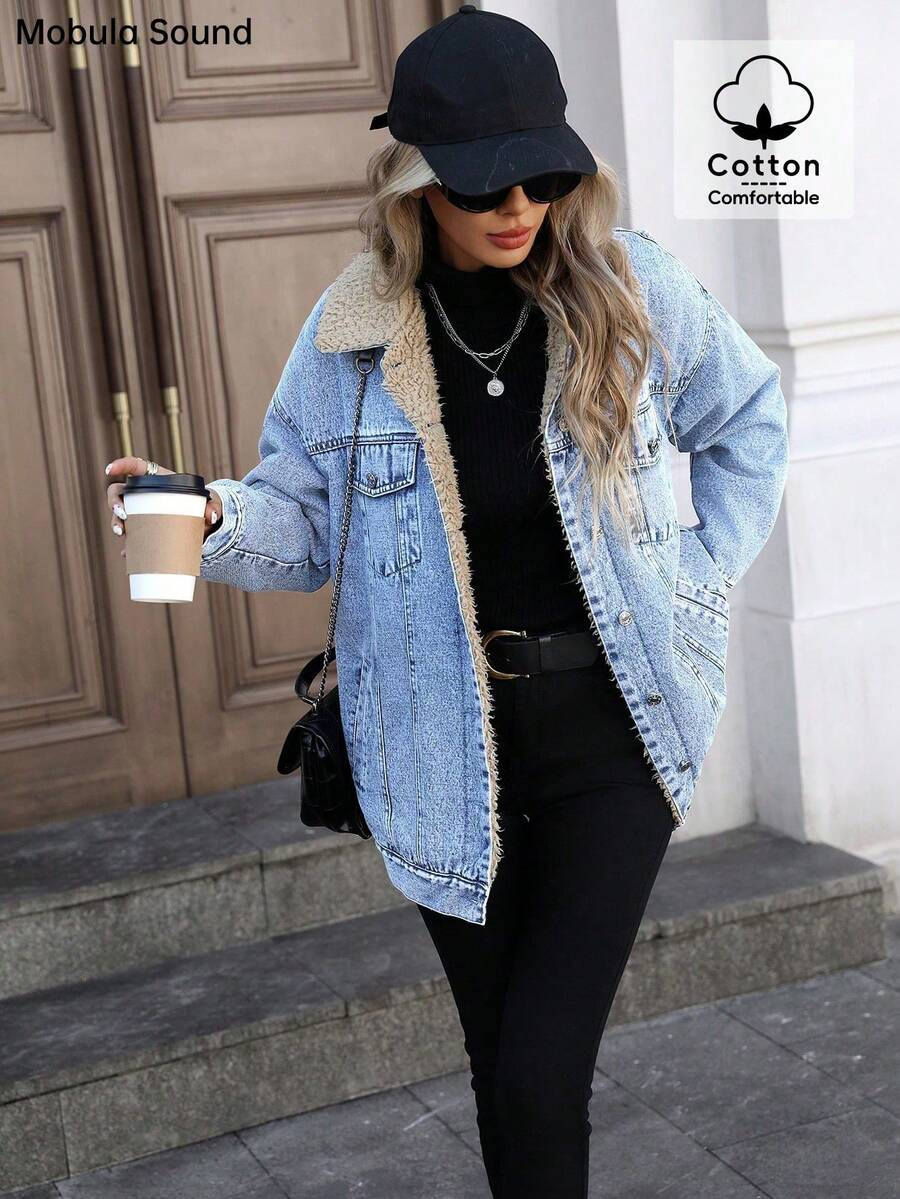 Mobula Sound Middle Eastern Versatile Casual Sports Fashion Women Spring Autumn Winter Warm Fleece Windproof Lady Blue Y2K Student College Young Style Denim Jacket