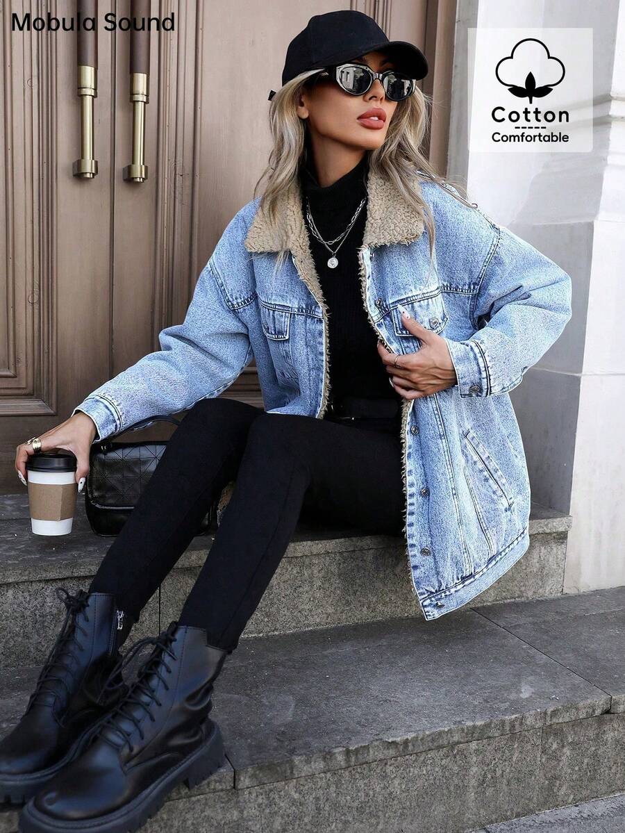 Mobula Sound Middle Eastern Versatile Casual Sports Fashion Women Spring Autumn Winter Warm Fleece Windproof Lady Blue Y2K Student College Young Style Denim Jacket