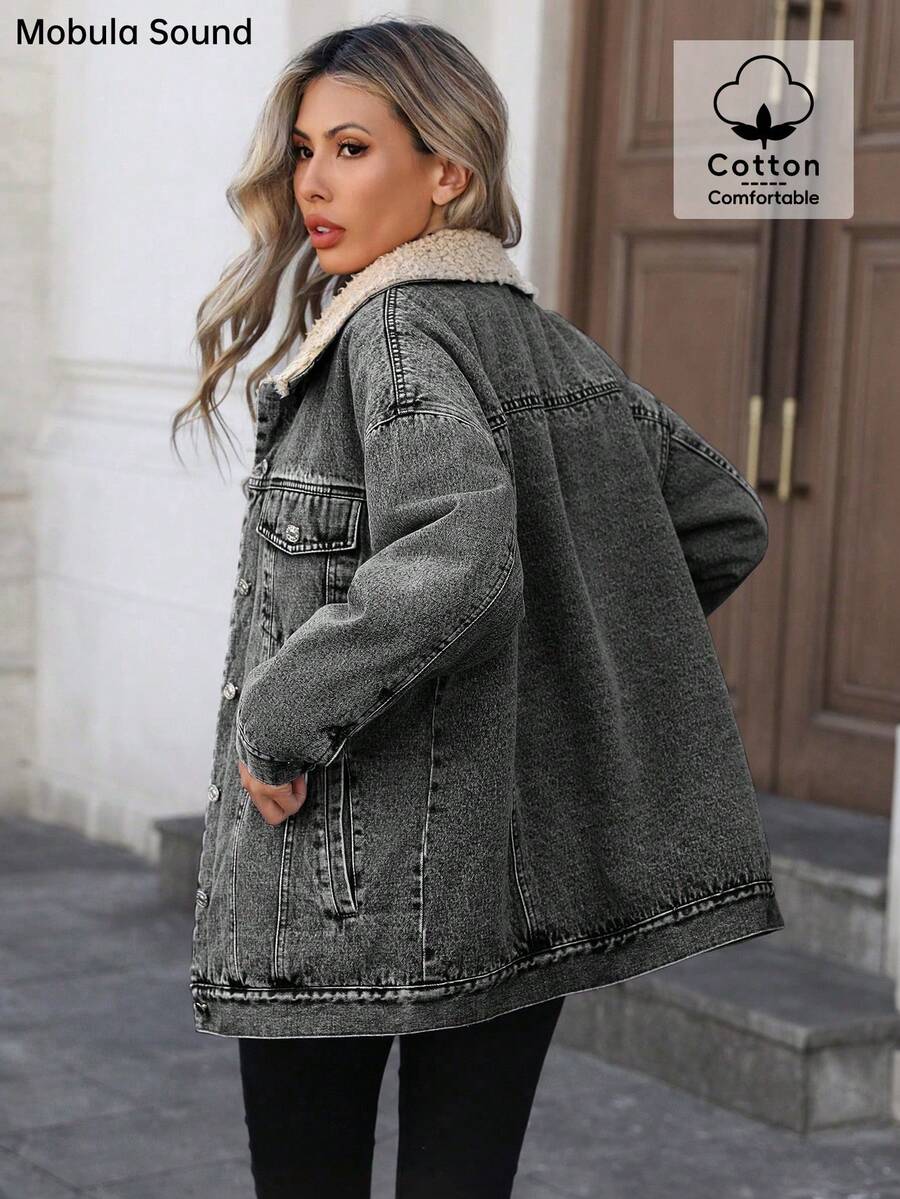 Mobula Sound Middle Eastern Versatile Casual Sports Fashion Women Spring Autumn Winter Warm Fleece Windproof Lady Blue Y2K Student College Young Style Denim Jacket