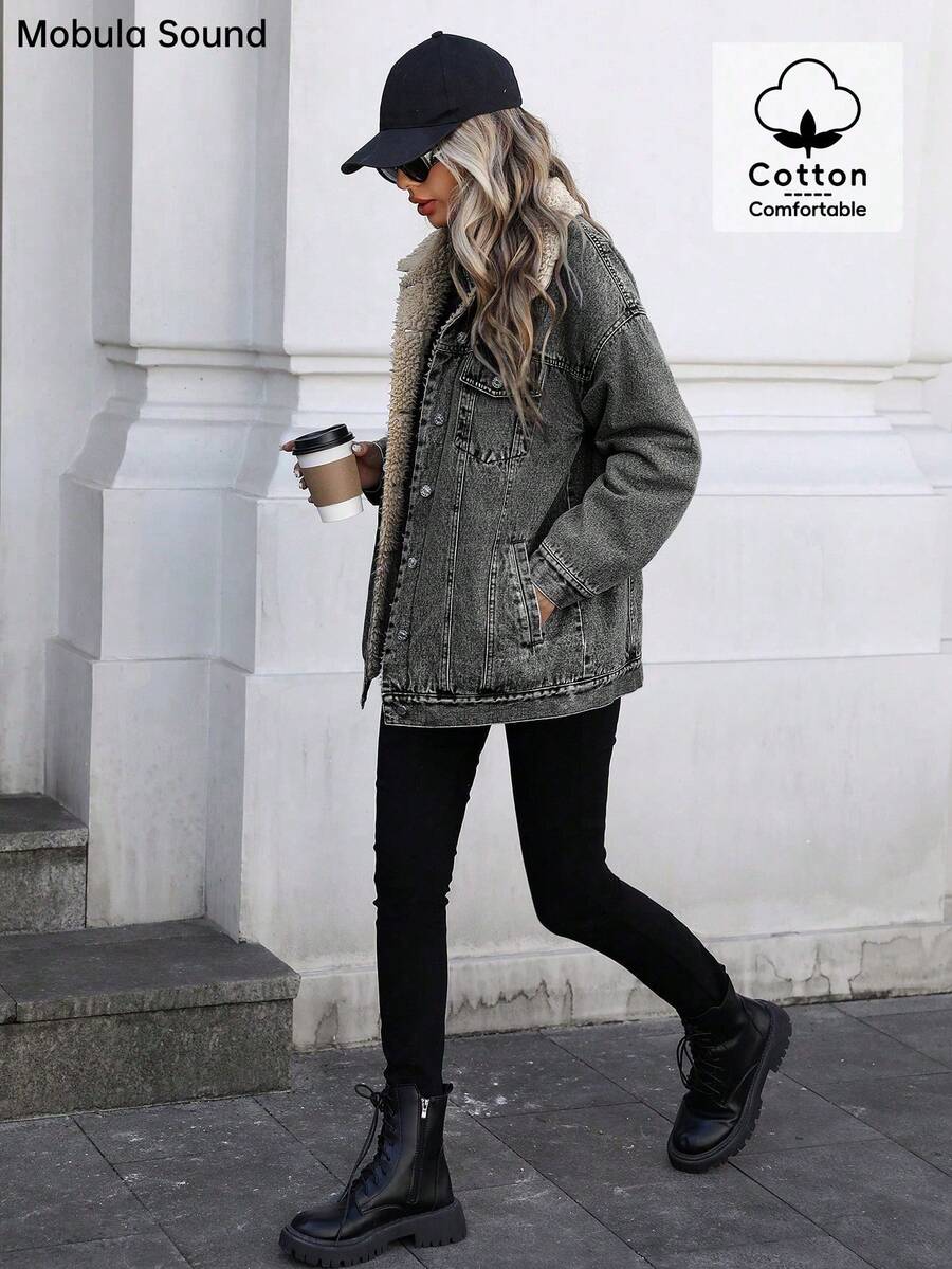 Mobula Sound Middle Eastern Versatile Casual Sports Fashion Women Spring Autumn Winter Warm Fleece Windproof Lady Blue Y2K Student College Young Style Denim Jacket