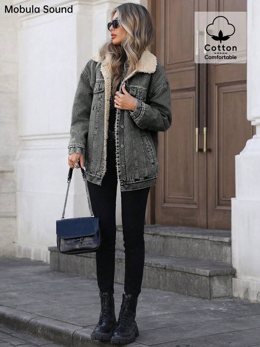 Mobula Sound Middle Eastern Versatile Casual Sports Fashion Women Spring Autumn Winter Warm Fleece Windproof Lady Blue Y2K Student College Young Style Denim Jacket