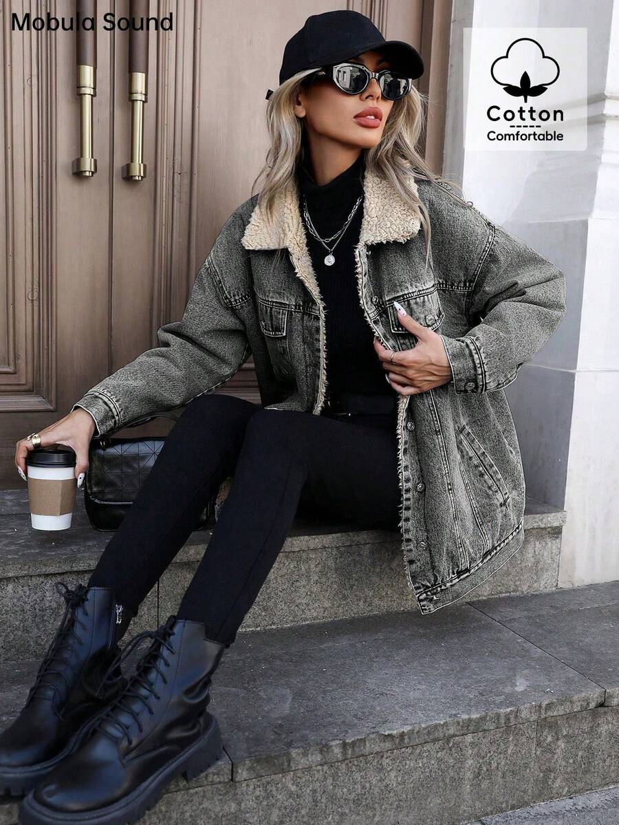 Mobula Sound Middle Eastern Versatile Casual Sports Fashion Women Spring Autumn Winter Warm Fleece Windproof Lady Blue Y2K Student College Young Style Denim Jacket