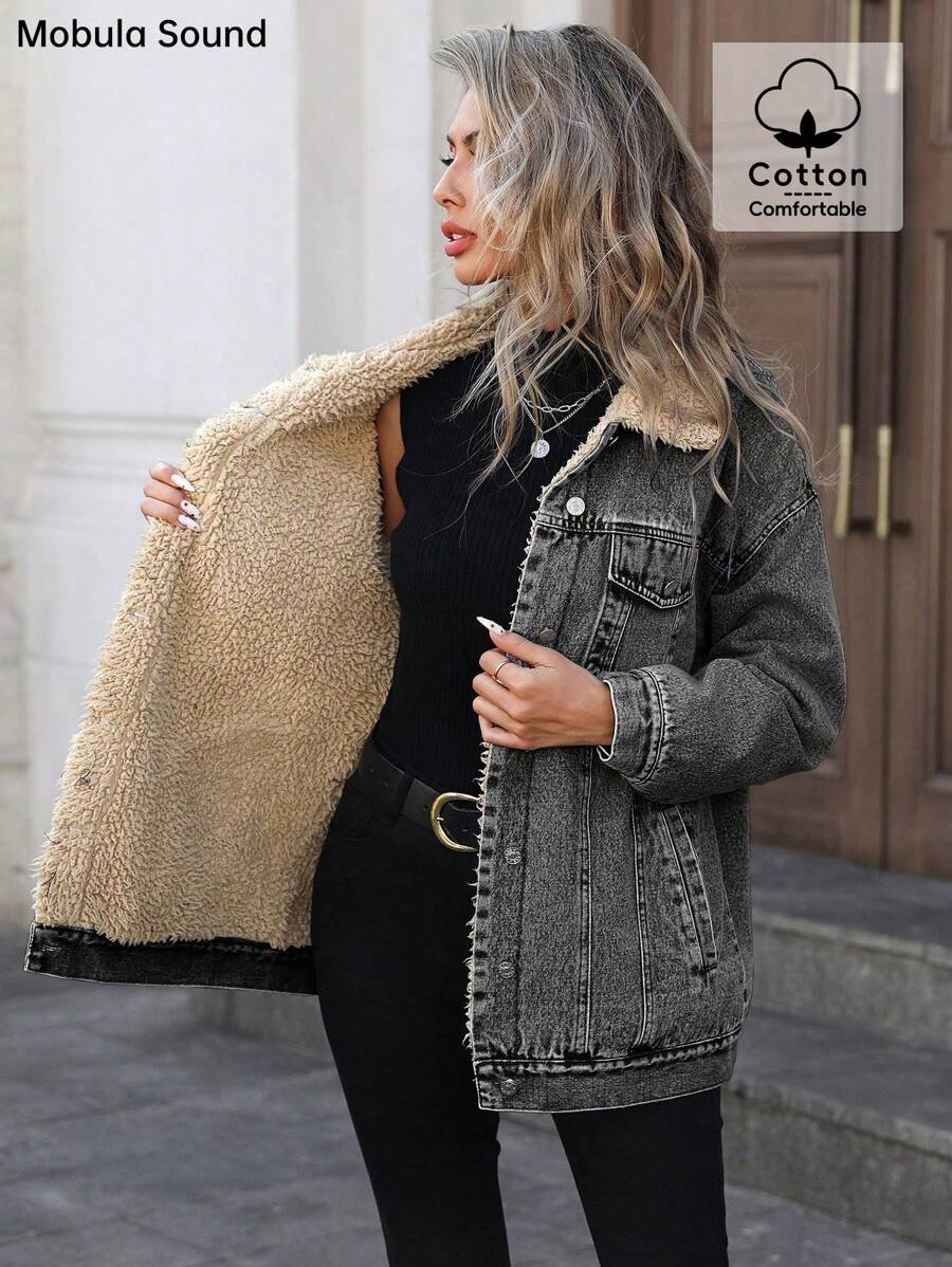 Mobula Sound Middle Eastern Versatile Casual Sports Fashion Women Spring Autumn Winter Warm Fleece Windproof Lady Blue Y2K Student College Young Style Denim Jacket