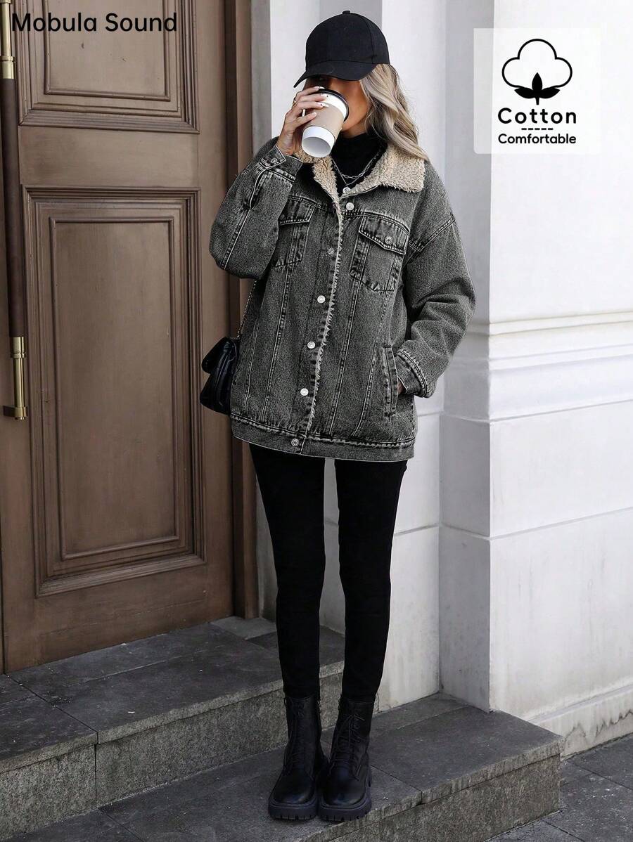 Mobula Sound Middle Eastern Versatile Casual Sports Fashion Women Spring Autumn Winter Warm Fleece Windproof Lady Blue Y2K Student College Young Style Denim Jacket
