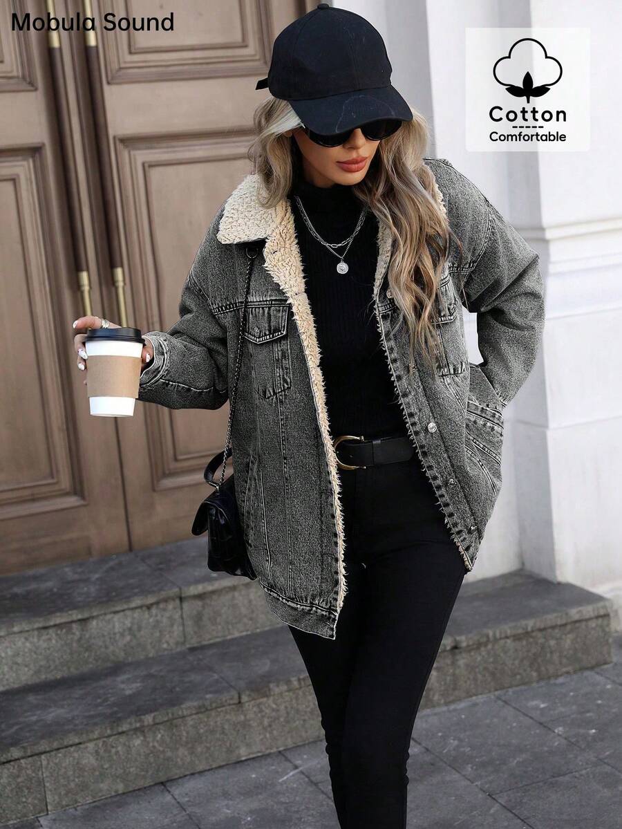 Mobula Sound Middle Eastern Versatile Casual Sports Fashion Women Spring Autumn Winter Warm Fleece Windproof Lady Blue Y2K Student College Young Style Denim Jacket