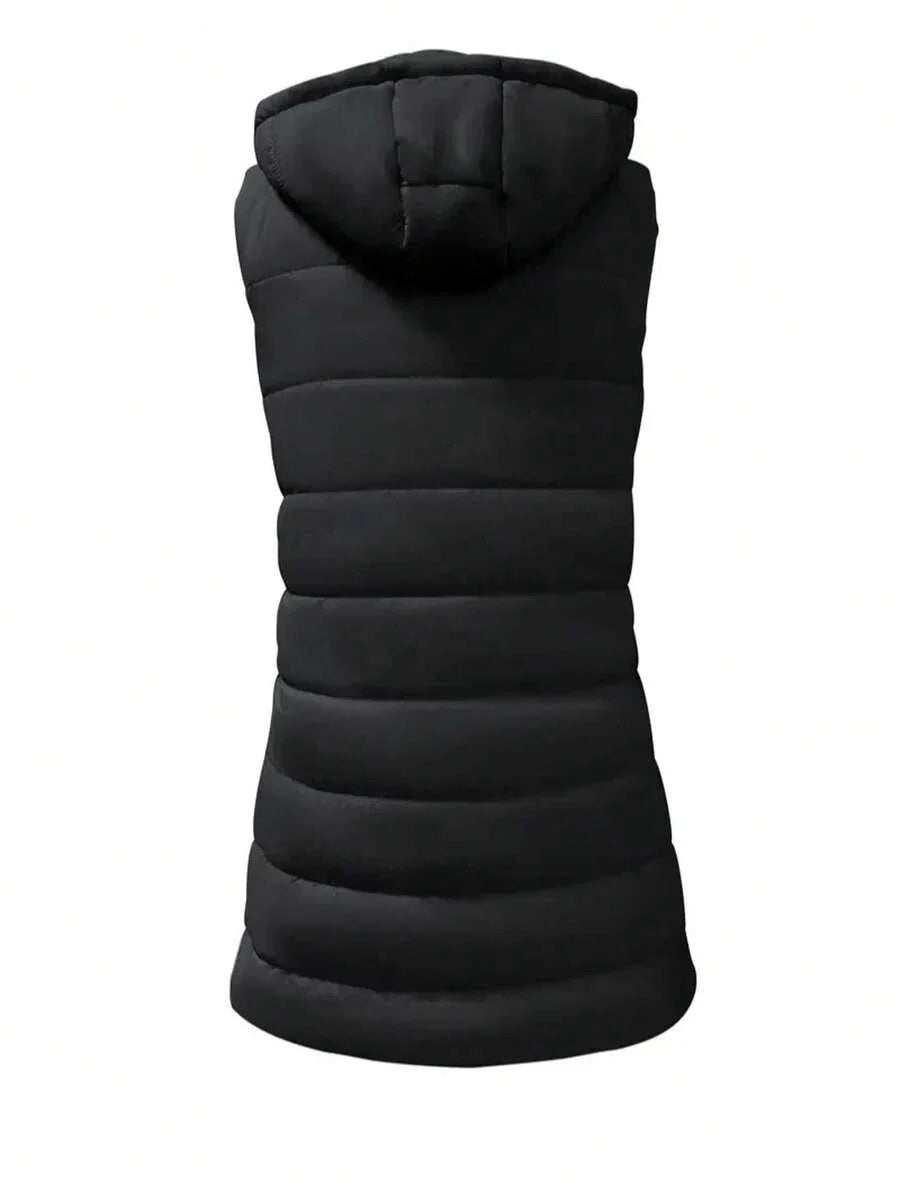 Elegant Women's Thickened Warm Hooded Vest - Solid Color, Long Sleeve, All Season Jacket, Fashionable Streetwear, All Season Coat, Chic Streetwear, Outerwear, Solid Color Zipper Pocket With Drawstring