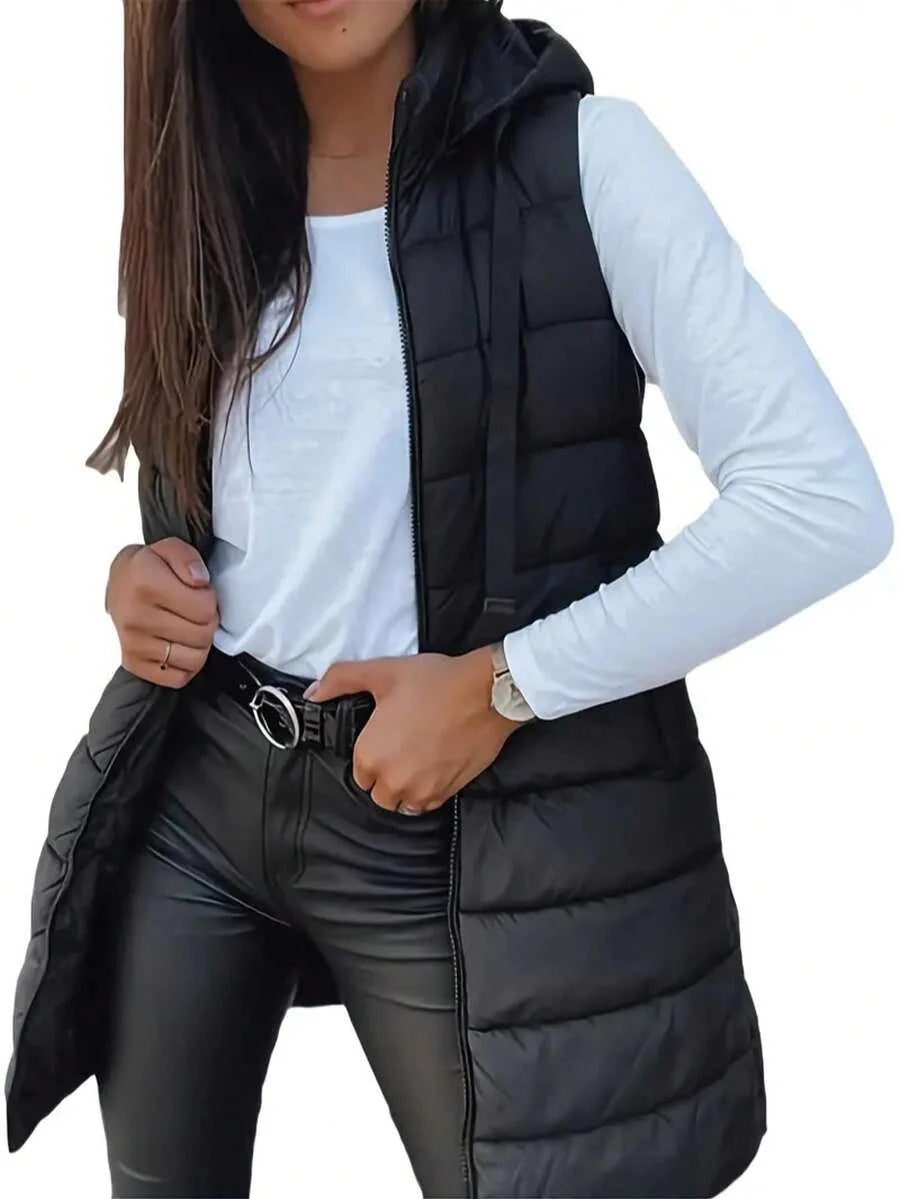 Elegant Women's Thickened Warm Hooded Vest - Solid Color, Long Sleeve, All Season Jacket, Fashionable Streetwear, All Season Coat, Chic Streetwear, Outerwear, Solid Color Zipper Pocket With Drawstring