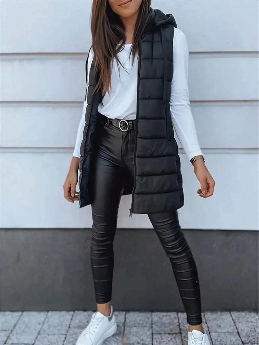 Elegant Women's Thickened Warm Hooded Vest - Solid Color, Long Sleeve, All Season Jacket, Fashionable Streetwear, All Season Coat, Chic Streetwear, Outerwear, Solid Color Zipper Pocket With Drawstring