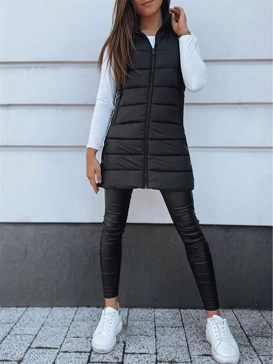 Elegant Women's Thickened Warm Hooded Vest - Solid Color, Long Sleeve, All Season Jacket, Fashionable Streetwear, All Season Coat, Chic Streetwear, Outerwear, Solid Color Zipper Pocket With Drawstring