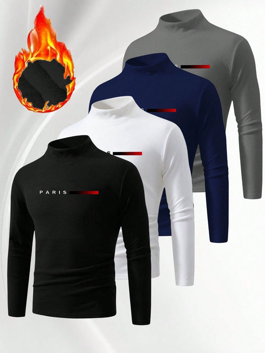 1PC Men's Paris Pattern Black Simple And Versatile Half Turtleneck Base Layer