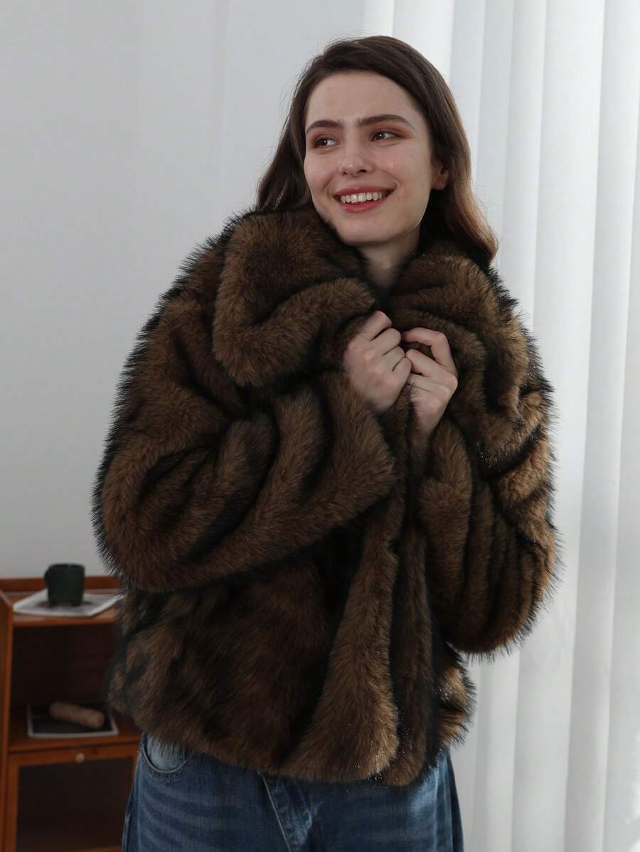 HH Faux Fur Jacket For Women Elegant Solid Lapel Long Sleeve Coat Casual Loose Female Winter Oversize Lady Chic Streetwear Jakcets