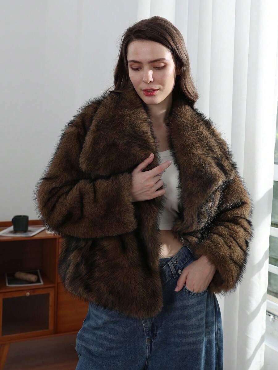 HH Faux Fur Jacket For Women Elegant Solid Lapel Long Sleeve Coat Casual Loose Female Winter Oversize Lady Chic Streetwear Jakcets