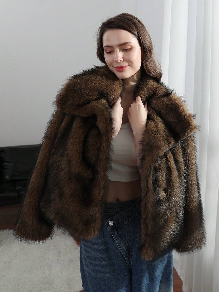 HH Faux Fur Jacket For Women Elegant Solid Lapel Long Sleeve Coat Casual Loose Female Winter Oversize Lady Chic Streetwear Jakcets