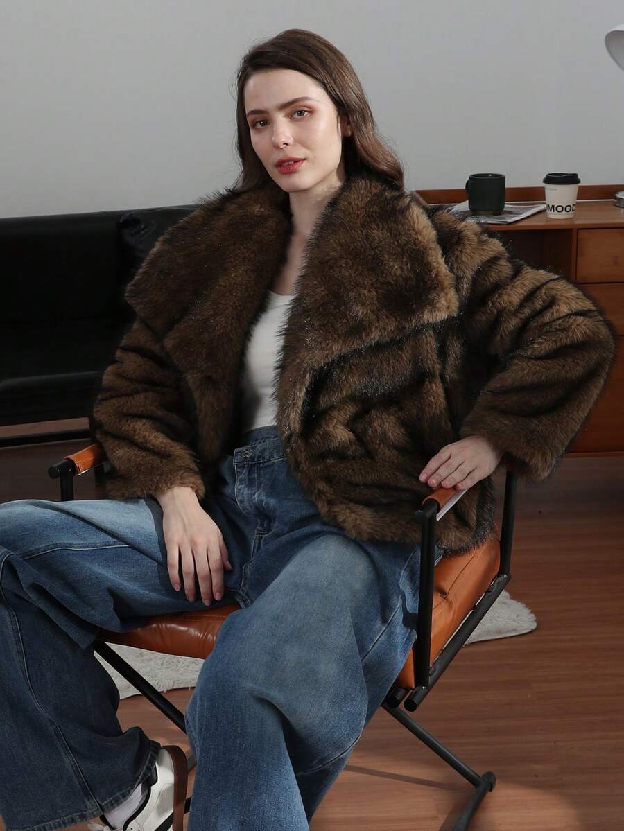 HH Faux Fur Jacket For Women Elegant Solid Lapel Long Sleeve Coat Casual Loose Female Winter Oversize Lady Chic Streetwear Jakcets