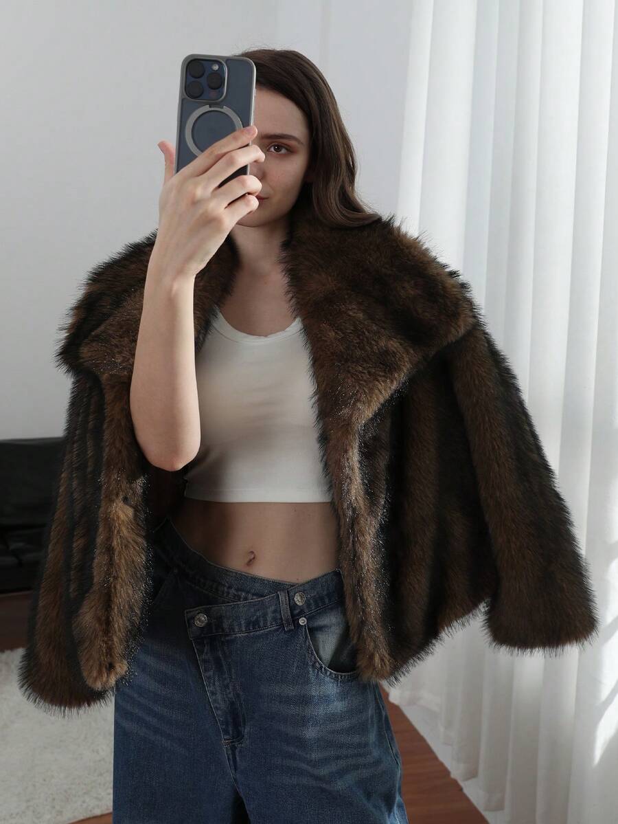 HH Faux Fur Jacket For Women Elegant Solid Lapel Long Sleeve Coat Casual Loose Female Winter Oversize Lady Chic Streetwear Jakcets