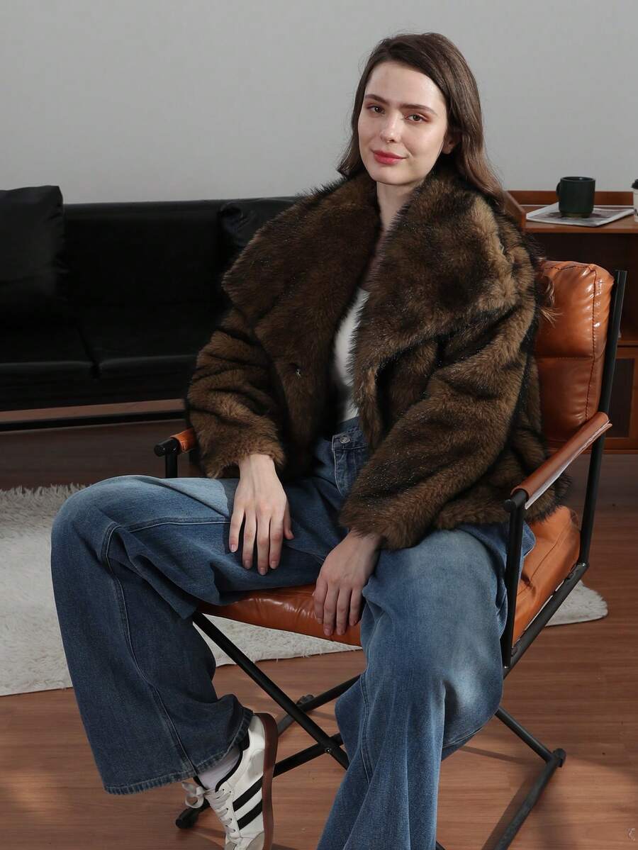 HH Faux Fur Jacket For Women Elegant Solid Lapel Long Sleeve Coat Casual Loose Female Winter Oversize Lady Chic Streetwear Jakcets